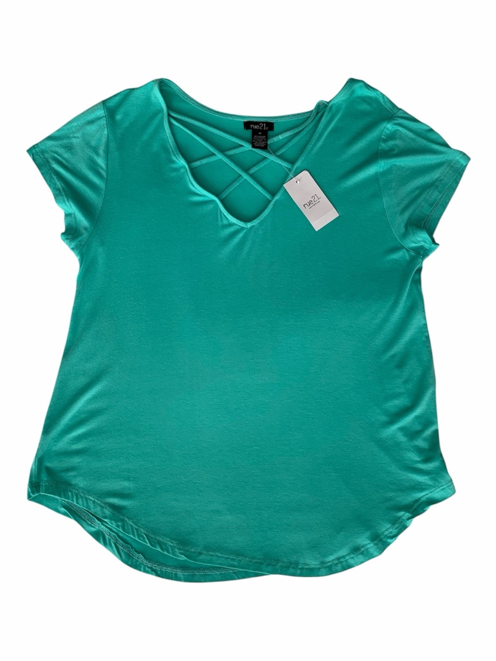 NWT Rue 21 Green Criss Cross V Neck Short Sleeve Oversized Shirt Medium M